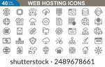 Web hosting icons set. Server, cloud hosting, domain, bandwidth, data, center, backup, control Panel, uptime, website and support. vector illustration