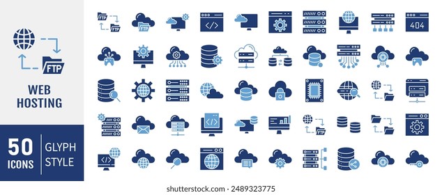 Web Hosting iconos establecidos. alojamiento de Web, servidor, centro de datos, alojamiento en la nube, dominio, ftp, internet, base de datos y firewall. 