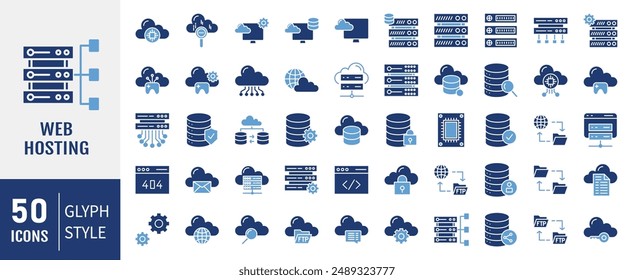 Web Hosting iconos establecidos. alojamiento de Web, servidor, centro de datos, alojamiento en la nube, dominio, ftp, internet, base de datos y firewall. 