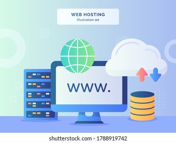 Web hosting illustration set website display monitor computer nearby globe server upload download with flat style.