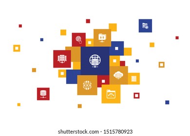 web hosting Infographic 10 steps pixel design.Domain Name, Bandwidth, Database, internet icons