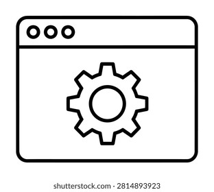 Web hosting interface layout detailing a desktop web browser window enclosing a central engineering system gear wheel line art vector icon. Backend site development symbol.