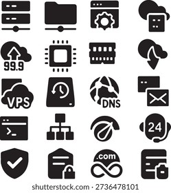 web hosting and internet services Collection icon set of icons representing various  isolated on white background, illustration