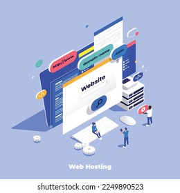 Web hosting isometric composition with icons of website windows and buttons on desktop computer with people vector illustration