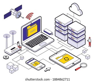 Web hosting isometric composition with spider web of steps and elements of wireless vector illustration
