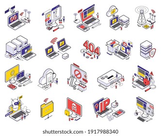 Web hosting isometric and isolated icon set with abstract situations elements signs vector illustration