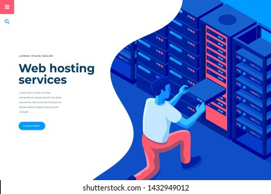 Web hosting isometric vector illustration for landing page header template or web banner with copy space for text. Male character engineer in data center room interact with server computer.