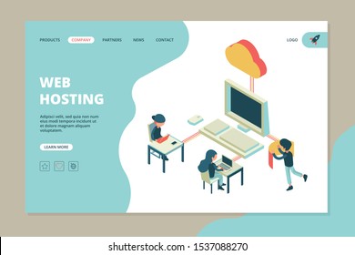Web hosting landing. Business web page computer cloud server hardware technology engineering internet communication vector template