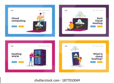 Web Hosting Landing Page Template Set. Tiny Characters at Huge Laptop, Phone or Server Equipment. Web Programming, Cloud Storage Interface. Computer Web Data Center. Cartoon People Vector Illustration