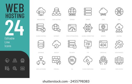 Conjunto de iconos editables de la línea de alojamiento de Web. Ilustración vectorial en el estilo moderno de la línea delgada de los iconos relacionados con la tecnología: servidor, datos, internet, dominio, y más. Pictogramas e infografías para App móviles.