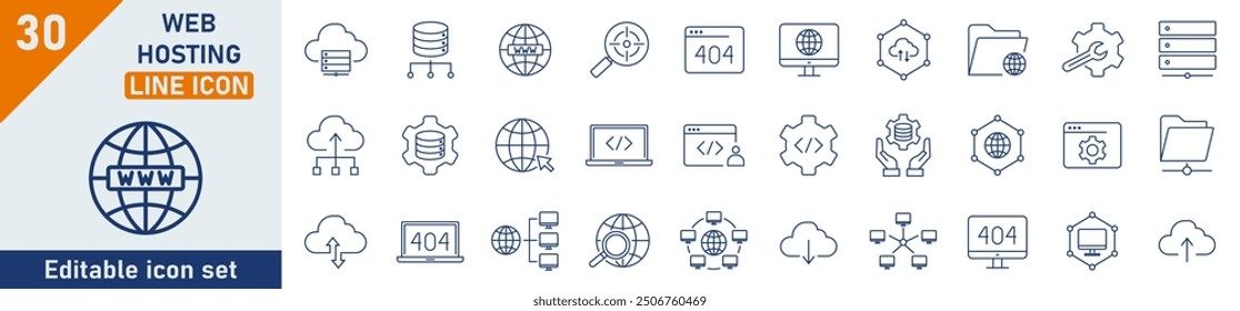 Web Hosting line icon set. Set of 30 outline icons related to server, data, domain, internet, and more. Linear icon collection. Web Hosting outline icons collection. Editable stroke.