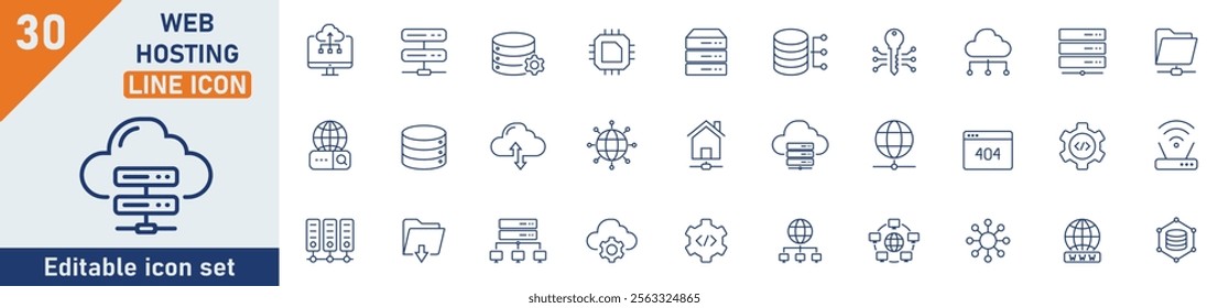 Web Hosting line icon set. Set of 30 outline icons related to web hosting, website, server, webspace, data exchange, cloud, service and others. Editable stroke. Vector illustration.