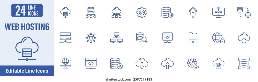 Web Hosting line icon set. Contains icons as web hosting, cloud computing, website, server, database, SSL, storage, security and more. Vector illustration.