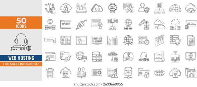 Conjunto de ícones da linha de hospedagem na Web - Ilustrações editáveis do vetor de traço de servidor, computação em nuvem, Internet, SSL, FTP, domínio, firewall e gerenciamento de sites