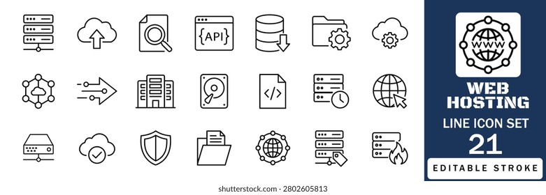 Web Hosting Line Icon Set with Server, Cloud, API, Database, Security, Network, Backup, Storage and Web Development Editable Stroke. vector illustration