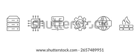 Web hosting line icon set. Containing internet, cloud computing, server, database, SSL, FTP, domain, firewall, data hosting, website and more. Editable line icons. Vector illustration.