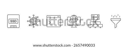 Web hosting line icon set. Containing internet, cloud computing, server, database, SSL, FTP, domain, firewall, data hosting, website and more. Editable line icons. Vector illustration.