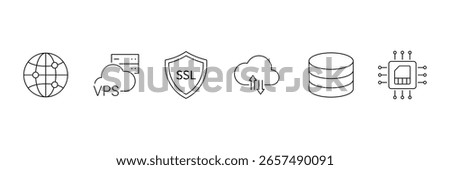 Web hosting line icon set. Containing internet, cloud computing, server, database, SSL, FTP, domain, firewall, data hosting, website and more. Editable line icons. Vector illustration.