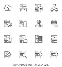 Web Hosting line icons set, outline vector symbol collection, linear style pictogram pack. Signs, logo illustration. Set includes icons as Big Data, Database network, Data center, Server rack, Storage