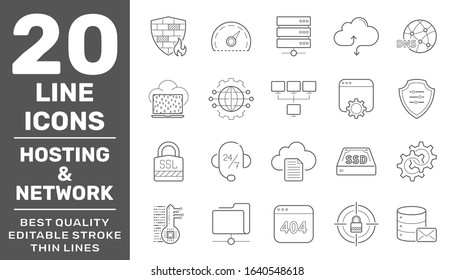 Web hosting and Network icons set. Technology outline icons pack. Perfect thin line vector icons for web design and website application. Editable Stroke. EPS 10