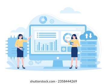 Web hosting, online database storage technology, data cloud storage network trending concept flat illustration