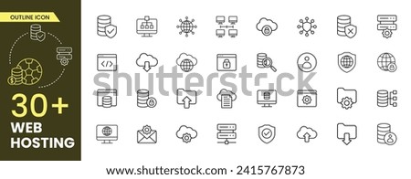Web Hosting Outline icon set. Containing web design, internet, content, SEO, hosting, server, homepage and e-commerce icon. Outline icon collection. Vector illustration.