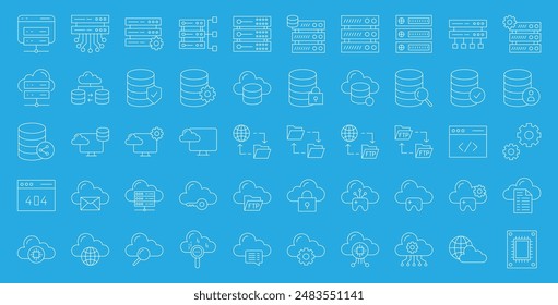 Web Hosting outline web icons set. Web hosting, server, data center, cloud hosting, domain, ftp, internet, database and firewall. on blue  background.