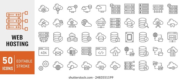 Web Hosting outline web icons set. Web hosting, server, data center, cloud hosting, domain, ftp, internet, database and firewall. Editable stroke