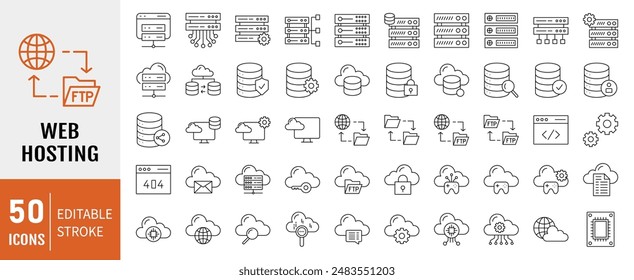 Web Hosting Outline Web-Symbole gesetzt. Web-Hosting, Server, Rechenzentrum, Cloud-Hosting, Domain, FTP, Internet, Datenbank und Firewall. Bearbeitbarer Strich