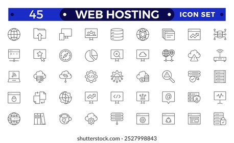 Conjunto de ícones da Web da estrutura de tópicos da Hospedagem na Web. Hospedagem na Web, servidor, CDN, VPN, domínio, FTP, Internet, backup, SSL, banco de dados e firewall. 
