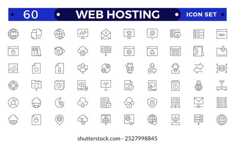 Conjunto de ícones da Web da estrutura de tópicos da Hospedagem na Web. Hospedagem na Web, servidor, CDN, VPN, domínio, FTP, Internet, backup, SSL, banco de dados e firewall. 
