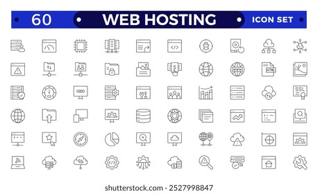 Conjunto de ícones da Web da estrutura de tópicos da Hospedagem na Web. Hospedagem na Web, servidor, CDN, VPN, domínio, FTP, Internet, backup, SSL, banco de dados e firewall. 
