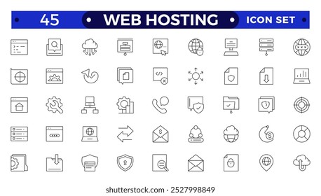 Conjunto de ícones da Web da estrutura de tópicos da Hospedagem na Web. Hospedagem na Web, servidor, CDN, VPN, domínio, FTP, Internet, backup, SSL, banco de dados e firewall. 
