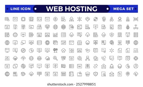 Webhosting-Gliederungswebsymbole festgelegt. Web-Hosting, Server, CDN, VPN, Domain, FTP, Internet, Backup, SSL, Datenbank und Firewall. 
