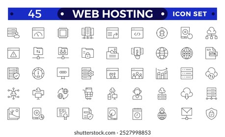 Conjunto de ícones da Web da estrutura de tópicos da Hospedagem na Web. Hospedagem na Web, servidor, CDN, VPN, domínio, FTP, Internet, backup, SSL, banco de dados e firewall. 
