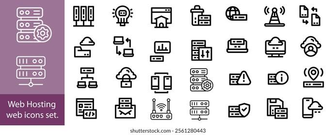 Web Hosting outline web icons set. Web hosting, server, CDN, VPN, domain, FTP, internet, backup, SSL, database and firewall.