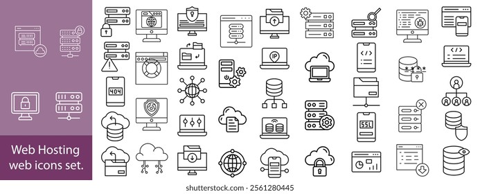 Web Hosting outline web icons set. Web hosting, server, CDN, VPN, domain, FTP, internet, backup, SSL, database and firewall.