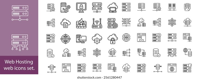 Web Hosting outline web icons set. Web hosting, server, CDN, VPN, domain, FTP, internet, backup, SSL, database and firewall.