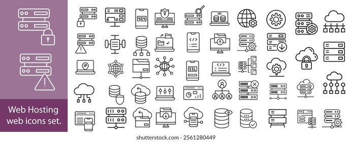 Web Hosting outline web icons set. Web hosting, server, CDN, VPN, domain, FTP, internet, backup, SSL, database and firewall.