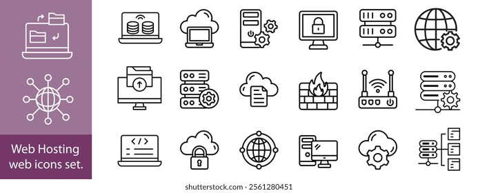 Web Hosting outline web icons set. Web hosting, server, CDN, VPN, domain, FTP, internet, backup, SSL, database and firewall.