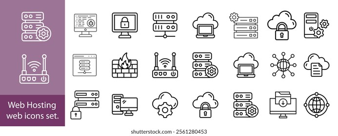 Web Hosting outline web icons set. Web hosting, server, CDN, VPN, domain, FTP, internet, backup, SSL, database and firewall.