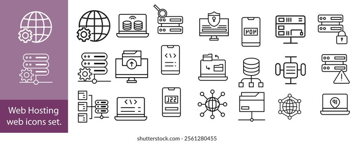 Web Hosting outline web icons set. Web hosting, server, CDN, VPN, domain, FTP, internet, backup, SSL, database and firewall.