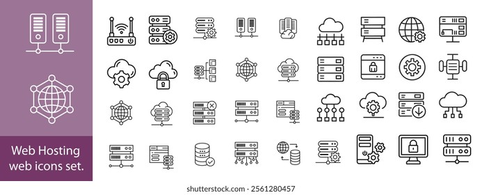 Web Hosting outline web icons set. Web hosting, server, CDN, VPN, domain, FTP, internet, backup, SSL, database and firewall.