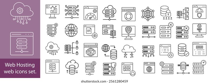 Web Hosting outline web icons set. Web hosting, server, CDN, VPN, domain, FTP, internet, backup, SSL, database and firewall.