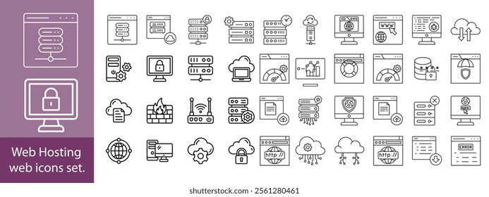 Web Hosting outline web icons set. Web hosting, server, CDN, VPN, domain, FTP, internet, backup, SSL, database and firewall.