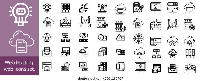 Web Hosting outline web icons set. Web hosting, server, CDN, VPN, domain, FTP, internet, backup, SSL, database and firewall.