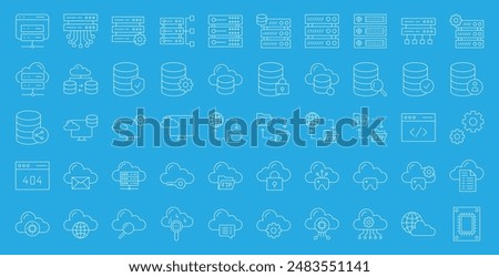 Web Hosting outline web icons set. Web hosting, server, data center, cloud hosting, domain, ftp, internet, database and firewall. on blue  background.