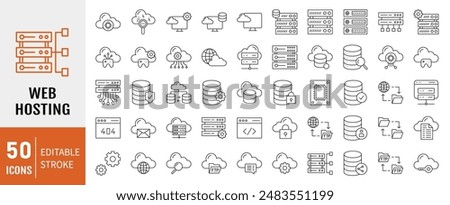 Web Hosting outline web icons set. Web hosting, server, data center, cloud hosting, domain, ftp, internet, database and firewall. Editable stroke