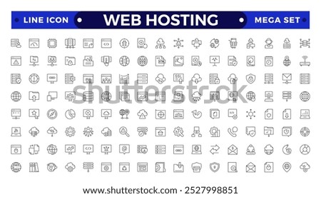 Web Hosting outline web icons set. Web hosting, server, CDN, VPN, domain, FTP, internet, backup, SSL, database and firewall. 
