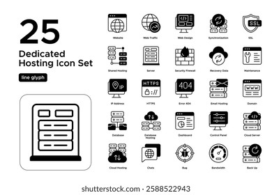 Web Hosting Packages and Site Management. Hosting Plans, VPS, and Domain Services. Vector Illustration. Solid line icon set